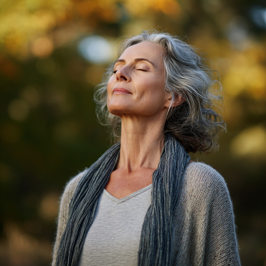 mature woman feeling peaceful and balanced after yoga practice outdoors