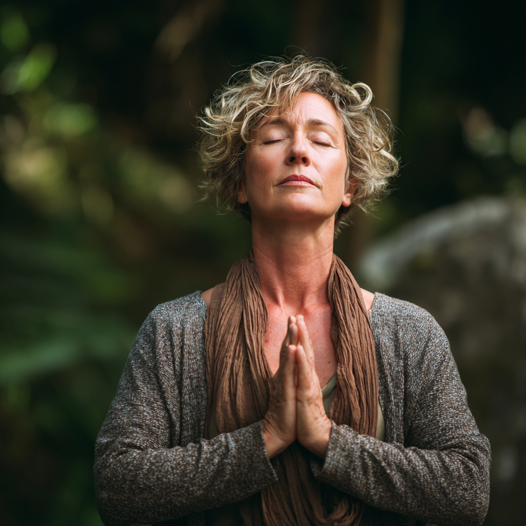 middle-aged woman practicing peaceful yoga meditation in natural setting